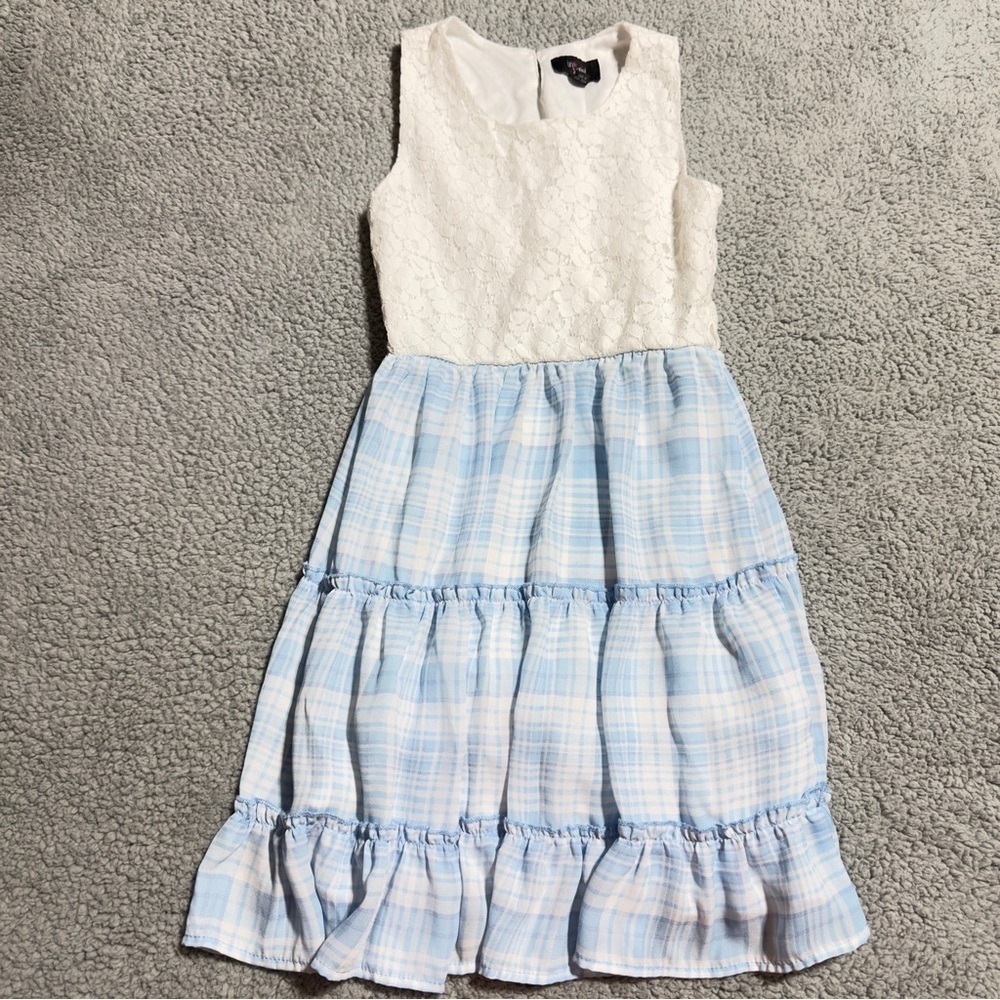 I N  Girl Girls Blue Plaid Tiered Dress White Lace Bodice Size 10